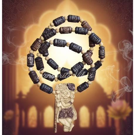 Shri Radha Raman Sarkar Locket with Handmade Radha Carved Tulsi Beads Mala | Sacred Spiritual Mala for Radha Devotees - Retail Maharaj