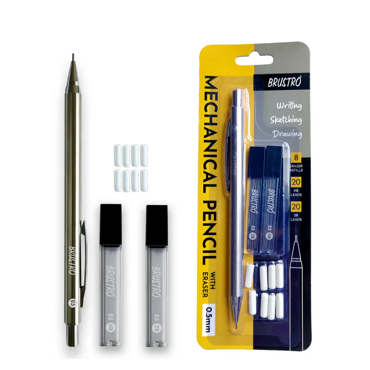 Brustro 0.5mm Mechanical Pencil Set with HB and 2B Leads and Eraser Refills for Writing Drawing and Sketching - Retail Maharaj