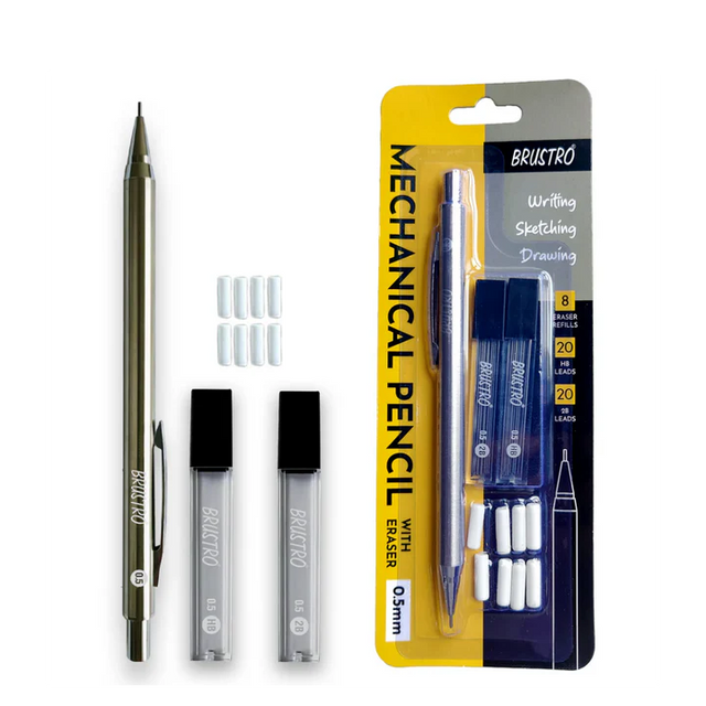Brustro 0.5mm Mechanical Pencil Set with HB and 2B Leads and Eraser Refills for Writing Drawing and Sketching - Retail Maharaj