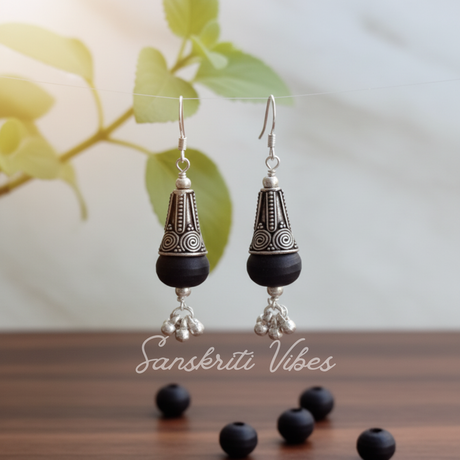 Pure Silver Shyma Black Tulsi Earrings – Antique Design 92.5% Silver, Spiritual Jewelry - Retail Maharaj