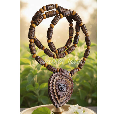 Radha Naam Carved Tulsi Kanthi Locket Mala – Handcrafted Tulsi Beads with Shri Radha Locket for Spiritual Growth - Retail Maharaj