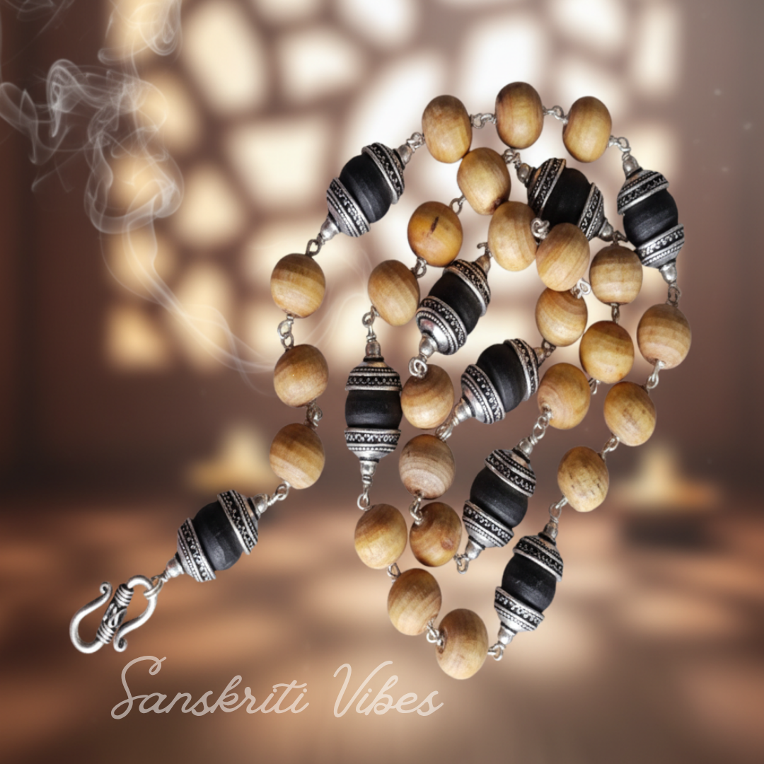 Sterling Silver Caped Original Tulsi Beads Mala – Handcrafted 24-Inch Spiritual Necklace, 92.5% Pure Silver - Retail Maharaj
