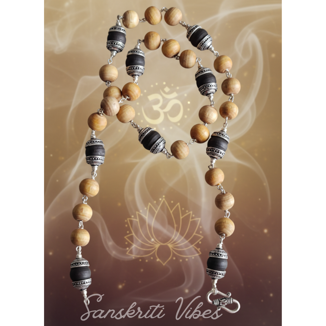 Sterling Silver Caped Original Tulsi Beads Mala – Handcrafted 24-Inch Spiritual Necklace, 92.5% Pure Silver - Retail Maharaj