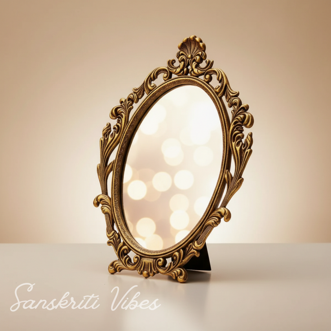 Gold Plated Table Mirror for Gift, Festival Gift, Birthday, Anniversary, Wedding (Floor Mount, Oval, Framed) - Retail Maharaj