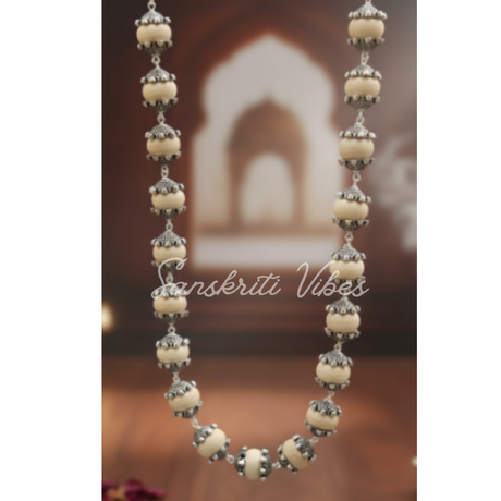 Beautifully Designed Tulsi Beads Chain with Sterling Silver Caps – 19-Inch Spiritual Necklace, 10 mm Beads, 92.5% Pure Silver, 50 gm - Retail Maharaj