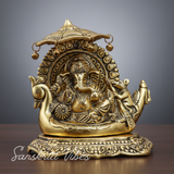 Metal Ganesh Statue Sitting on Boat Aluminium Ganesha Decorative Showpiece for Home Decor and Auspicious Gifting - Retail Maharaj
