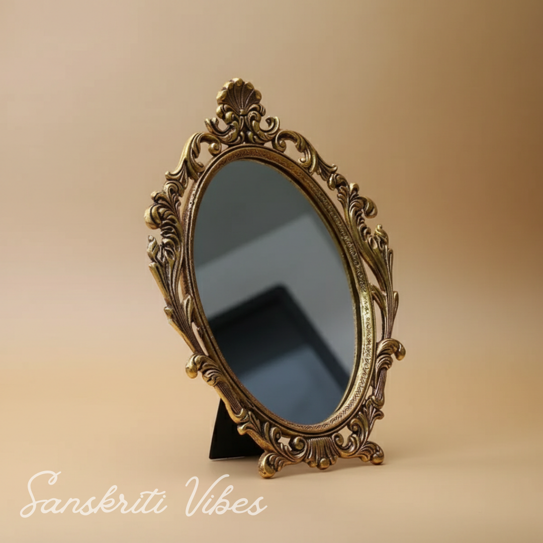 Gold Plated Table Mirror for Gift, Festival Gift, Birthday, Anniversary, Wedding (Floor Mount, Oval, Framed) - Retail Maharaj