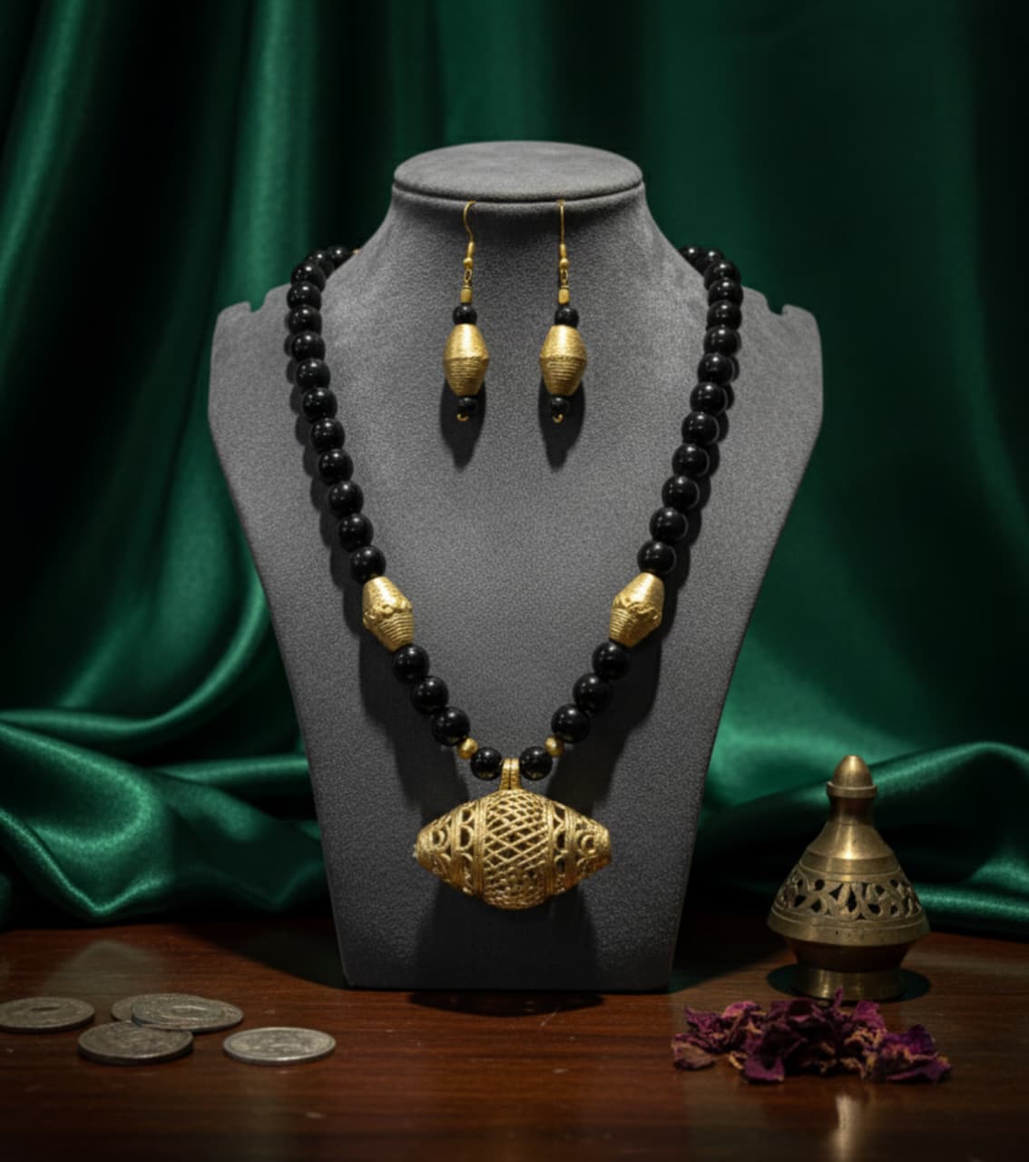 Premium Authentic Dokra & Black Beaded Statement Necklace Set with Matching Earrings | Handmade Tribal Statement Jewelry