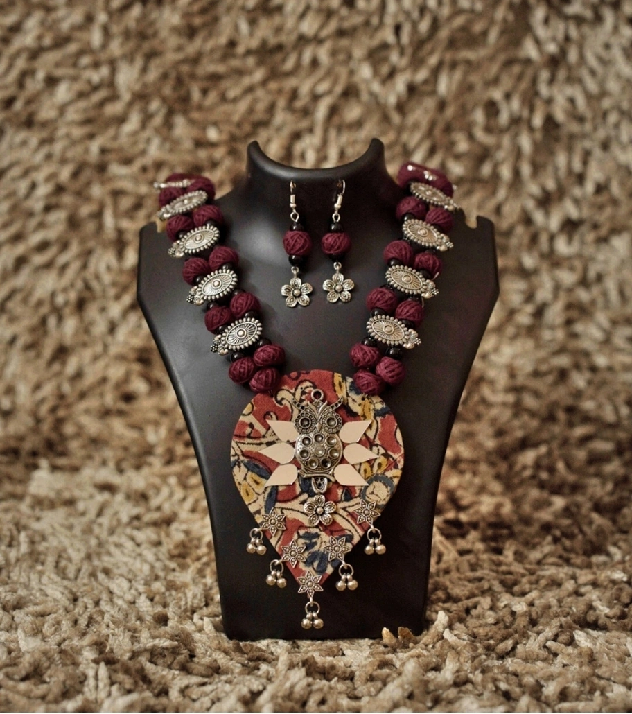 Premium Vintage Bloom Afghani Thread Necklace Set – Maroon & Silver | Handmade Bohemian Tribal Statement Jewelry