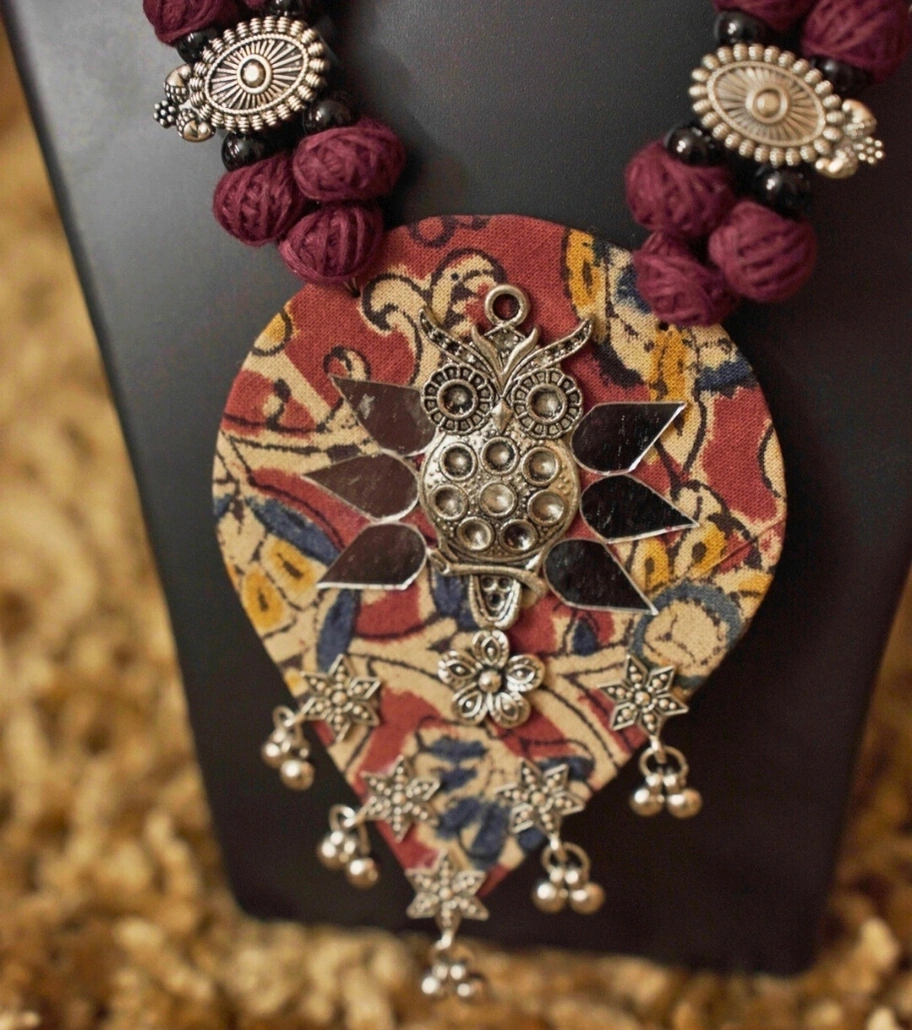 Premium Vintage Bloom Afghani Thread Necklace Set – Maroon & Silver | Handmade Bohemian Tribal Statement Jewelry
