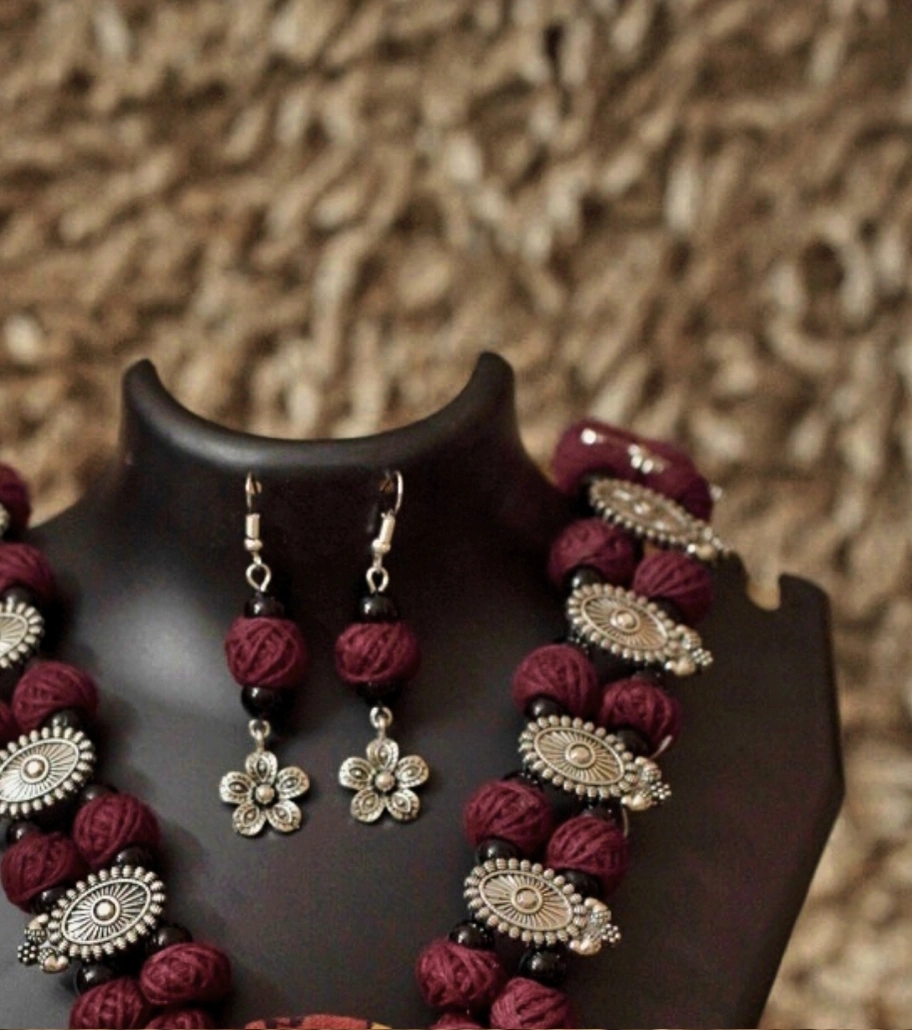 Premium Vintage Bloom Afghani Thread Necklace Set – Maroon & Silver | Handmade Bohemian Tribal Statement Jewelry