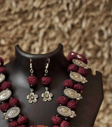 Premium Vintage Bloom Afghani Thread Necklace Set – Maroon & Silver | Handmade Bohemian Tribal Statement Jewelry