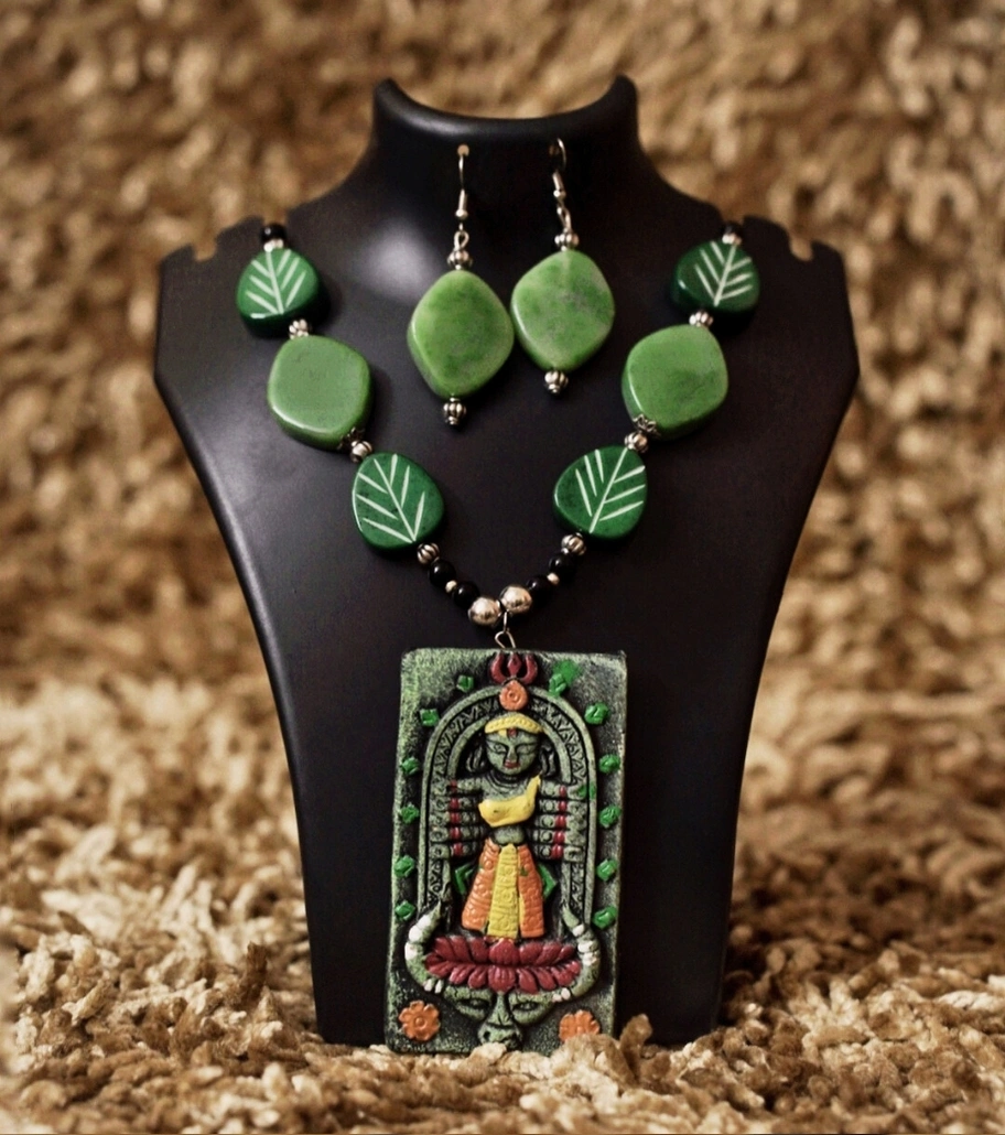 Premium Handmade Terracotta Jewelry – Verdant Devi Tribal Necklace Set with Matching Earrings | Eco-Friendly Ethnic Statement Jewelry