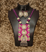 Premium Handmade Mixed Media Jewelry – Tribal Essence Jute Cowrie Necklace Set (Magenta Edition) | Bohemian Tribal Statement Jewelry