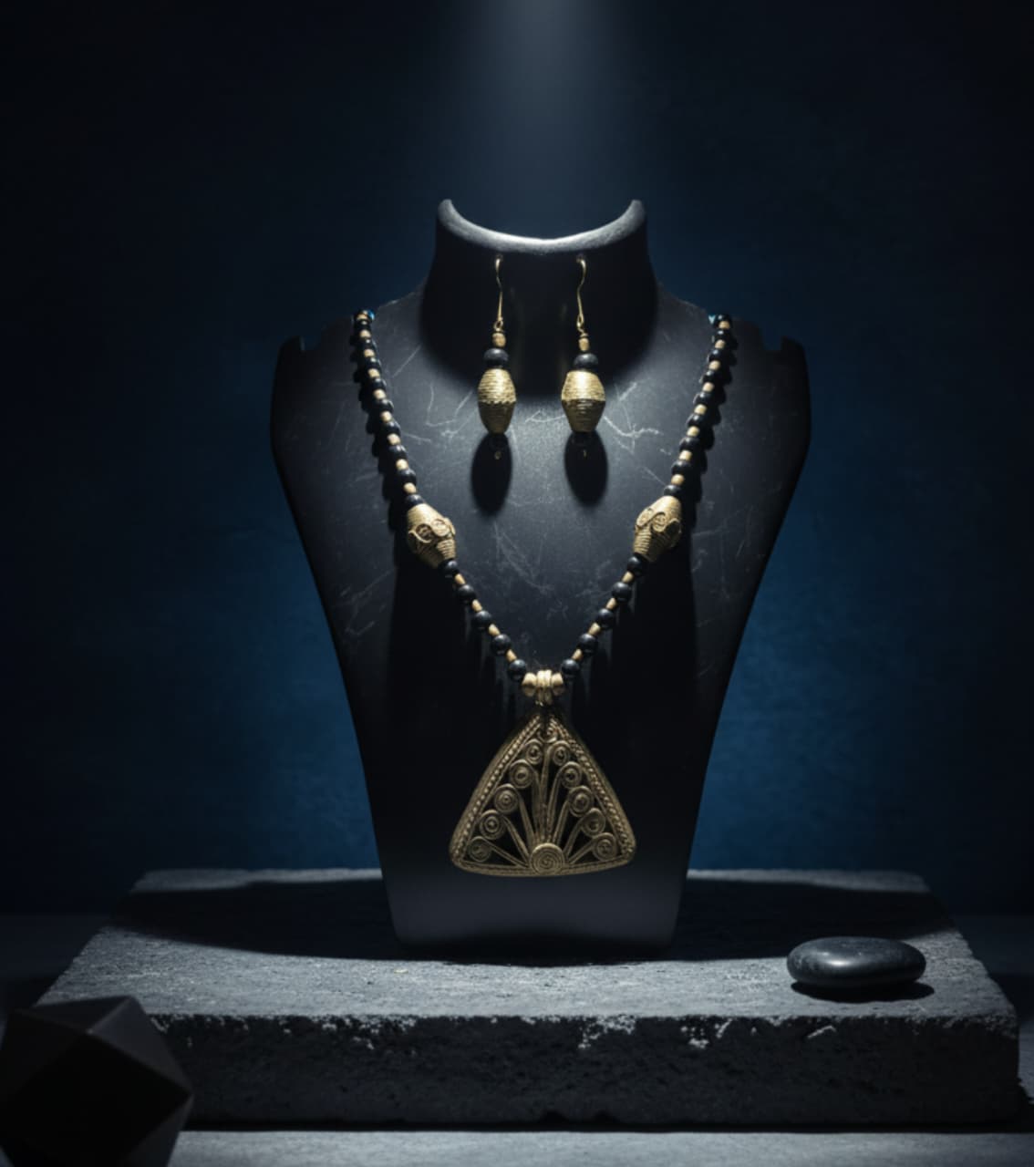 Premium Tribal Authentic Dokra & Black Bead Statement Necklace Set with Earrings | Handmade Ethnic Tribal Jewelry
