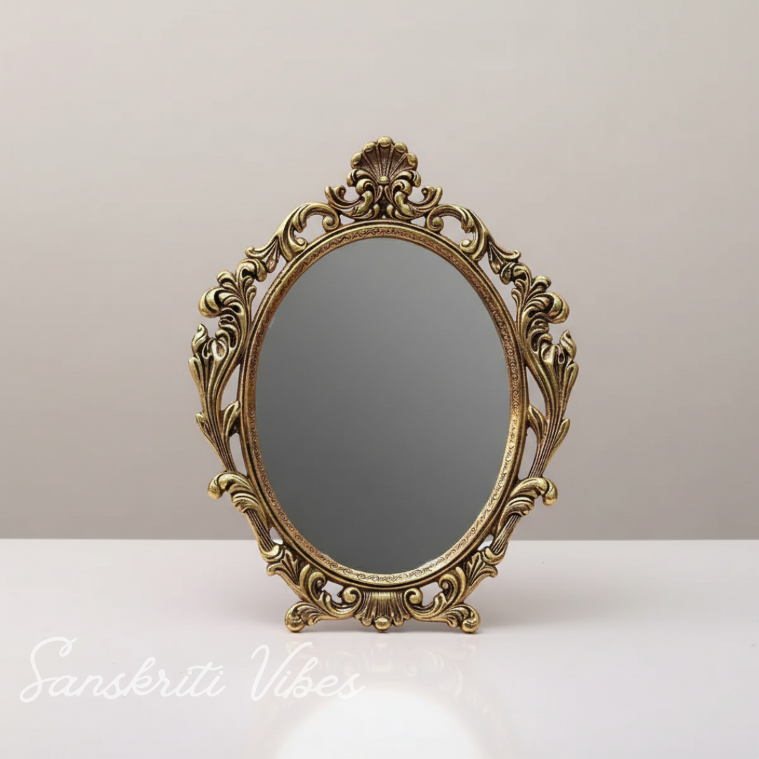 Gold Plated Table Mirror for Gift, Festival Gift, Birthday, Anniversary, Wedding (Floor Mount, Oval, Framed) - Retail Maharaj