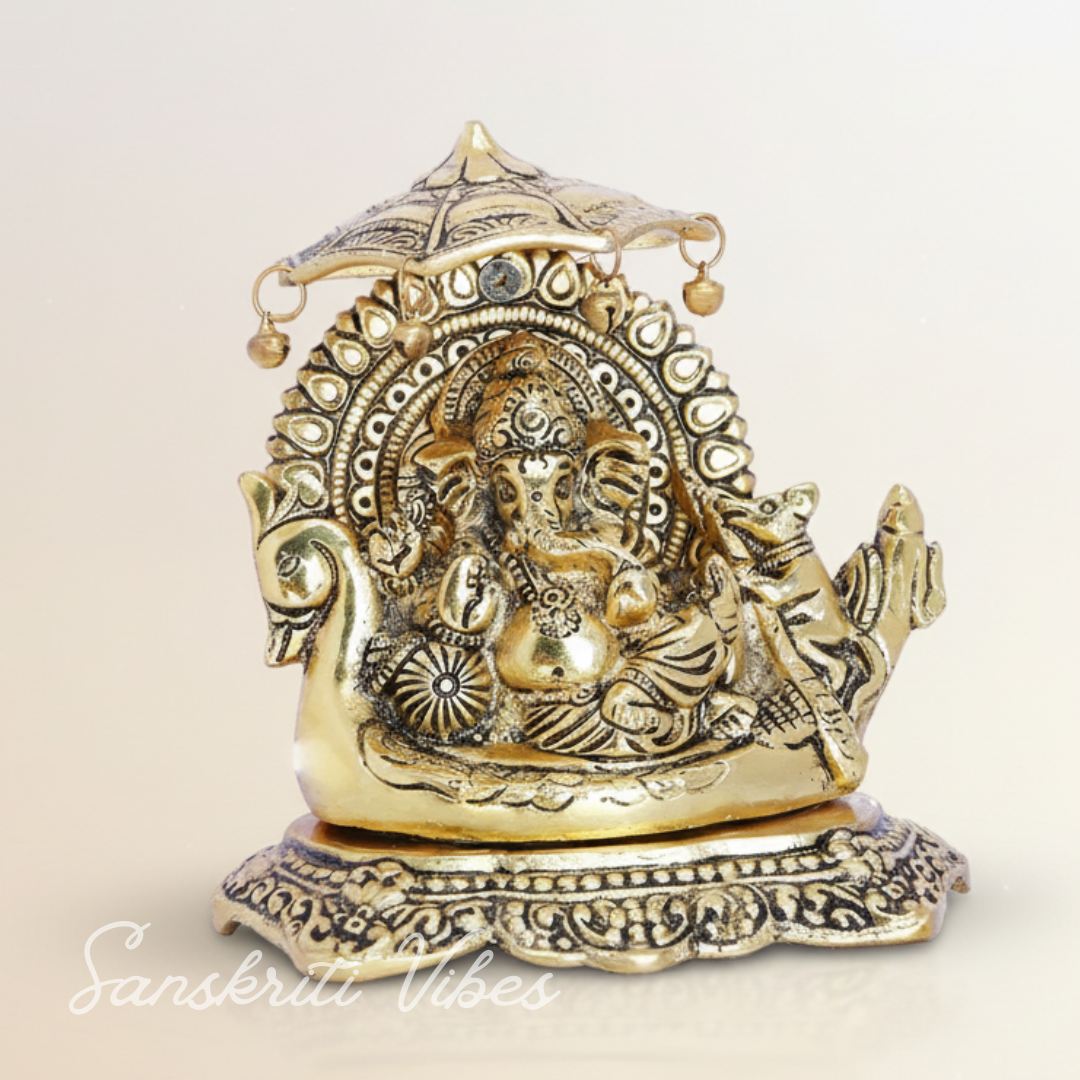 Metal Ganesh Statue Sitting on Boat Aluminium Ganesha Decorative Showpiece for Home Decor and Auspicious Gifting - Retail Maharaj