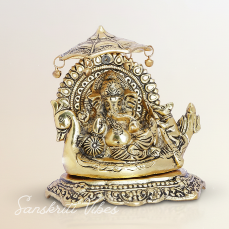 Metal Ganesh Statue Sitting on Boat Aluminium Ganesha Decorative Showpiece for Home Decor and Auspicious Gifting - Retail Maharaj