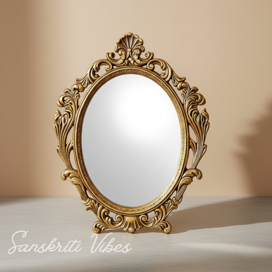 Gold Plated Table Mirror for Gift, Festival Gift, Birthday, Anniversary, Wedding (Floor Mount, Oval, Framed) - Retail Maharaj
