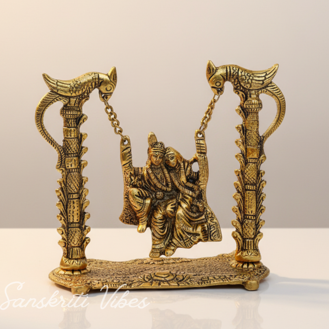 Radha Krishna on Swing Jhula Gold Plated Metal Idol for Home Decor and Gifting - Retail Maharaj