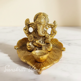 Metal Ganesha Statue with Diya – Handcrafted Aluminium Ganpati Idol for Home Decor, Puja & Auspicious Gifting (Glossy Finish, Made in India)