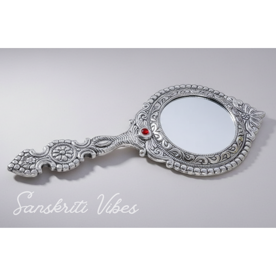Beautifully Carved Round Shape Hand Mirror for Makeup Decorative Handheld Mirror - Retail Maharaj