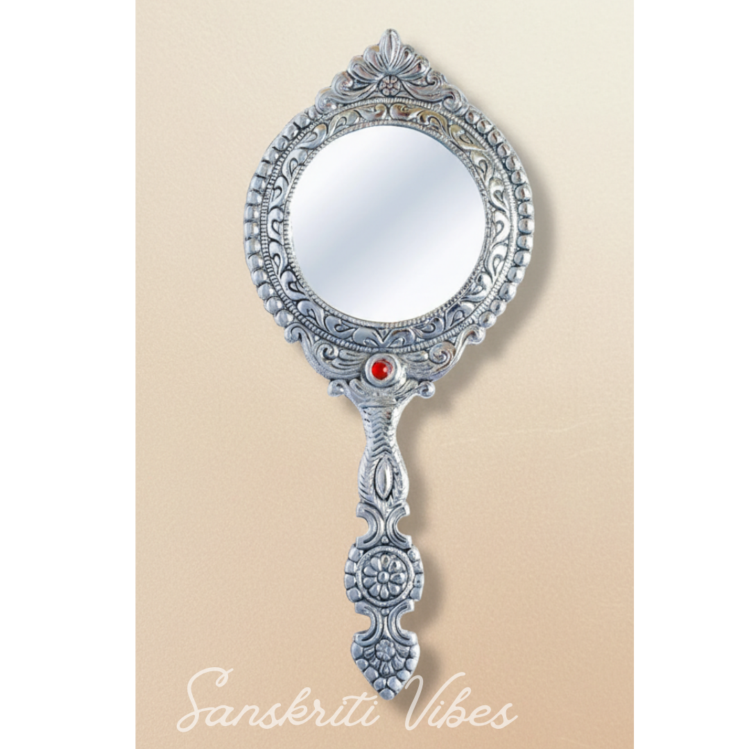 Beautifully Carved Round Shape Hand Mirror for Makeup Decorative Handheld Mirror - Retail Maharaj