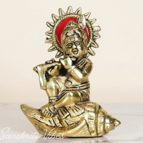 Metal Krishna Statue Bal Laddu Gopal Playing Flute Decorative Showpiece 11.5 cm Aluminium Idol - Retail Maharaj