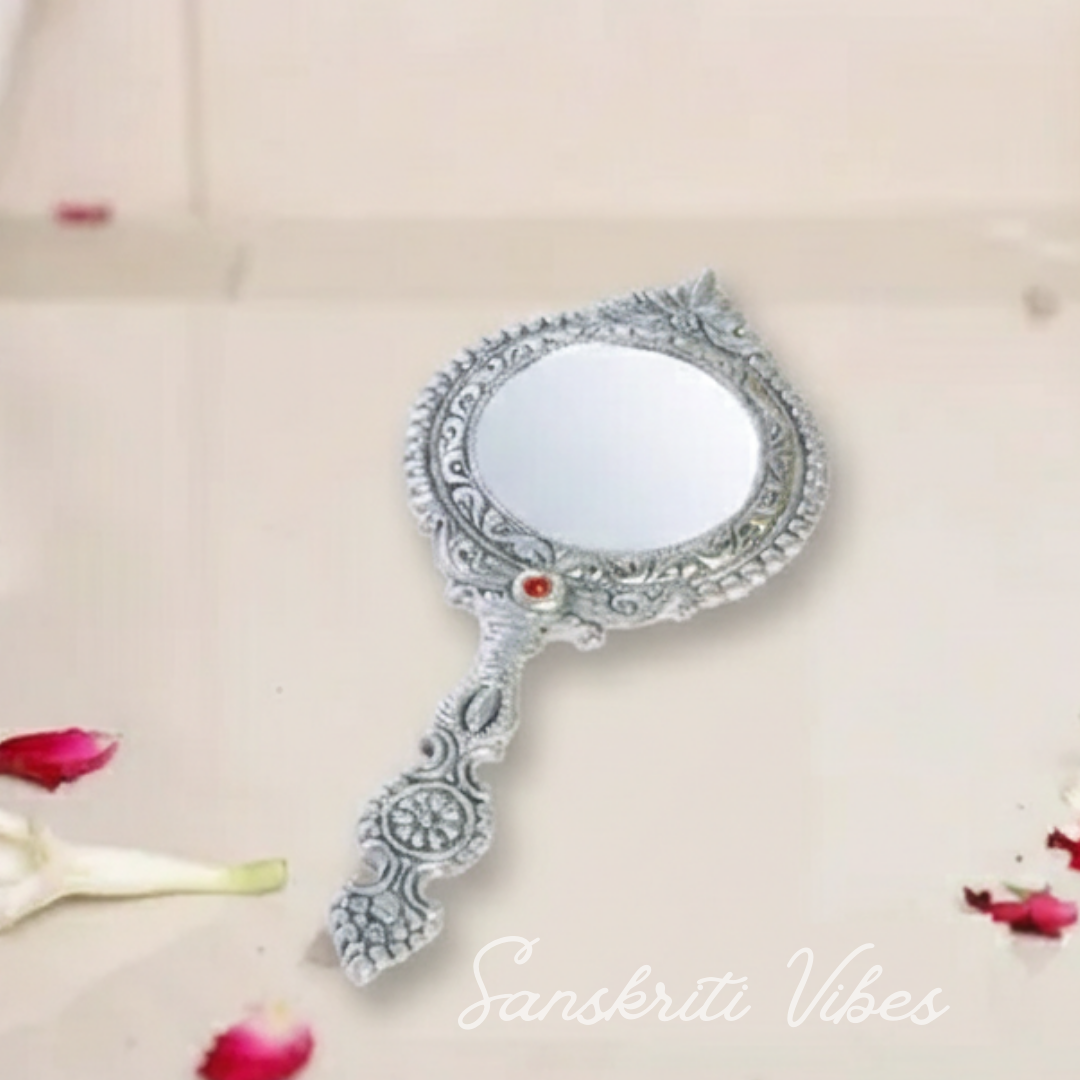 Beautifully Carved Round Shape Hand Mirror for Makeup Decorative Handheld Mirror - Retail Maharaj