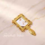 Beautifully Carved Square Shape Gold Plating Metal Hand Mirror for Makeup, Travelling, Salon Mirror - Retail Maharaj
