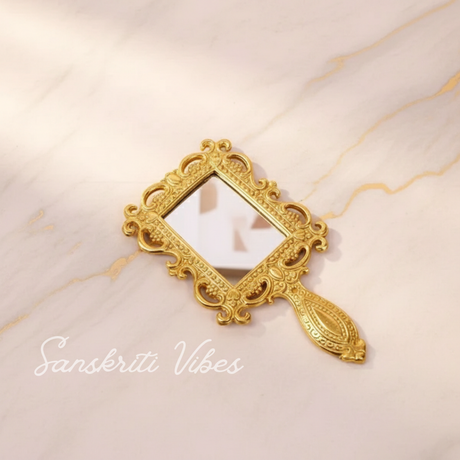 Beautifully Carved Square Shape Gold Plating Metal Hand Mirror for Makeup, Travelling, Salon Mirror - Retail Maharaj