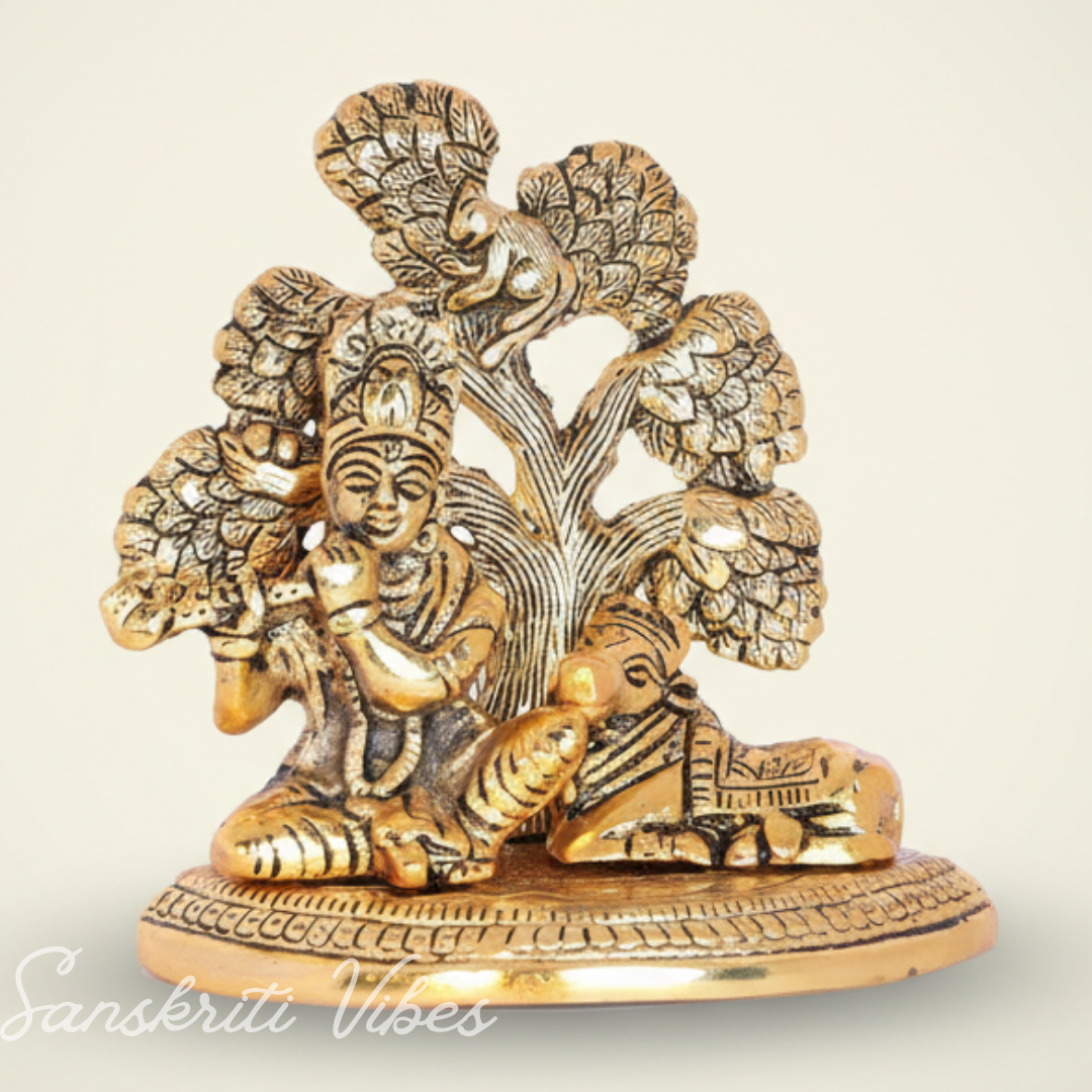 Metal Lord Krishna Playing Flute Sitting Under Tree with Cow Decorative Showpiece 13 cm - Retail Maharaj