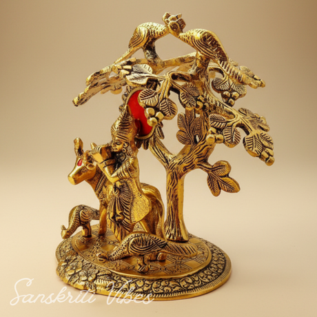 Tree Cow Krishna Idol Gold Oxidized Finish for Home Decor and Exclusive Diwali Gift Aluminium Showpiece - Retail Maharaj
