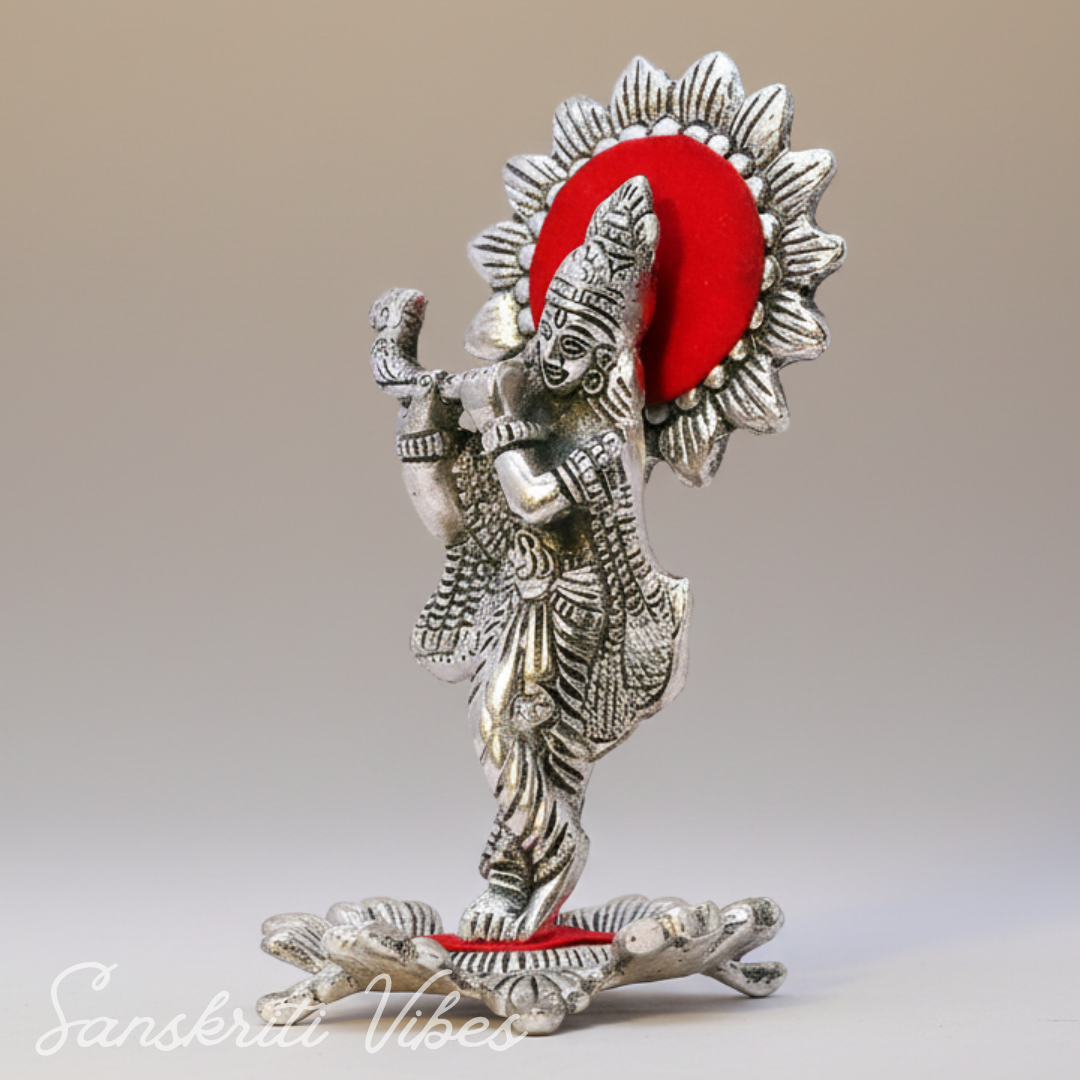 Silver Plated Laddu Krishna Playing Flute Metal Statue for Home and Office Decor Religious Showpiece Gift - Retail Maharaj