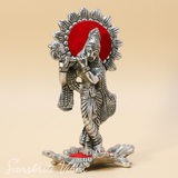 Silver Plated Laddu Krishna Playing Flute Metal Statue for Home and Office Decor Religious Showpiece Gift - Retail Maharaj