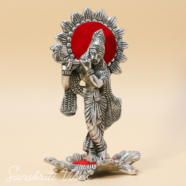 Silver Plated Laddu Krishna Playing Flute Metal Statue for Home and Office Decor Religious Showpiece Gift - Retail Maharaj