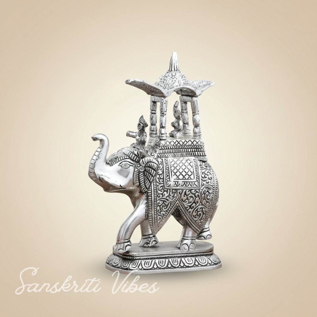 Handcrafted Metal Elephant Kondapalli Maharaj Ambari Rajasthani Rajwadi Elephant Showpiece Statue Silver Finish – 24 cm Height - Retail Maharaj