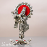Silver Plated Laddu Krishna Playing Flute Metal Statue for Home and Office Decor Religious Showpiece Gift - Retail Maharaj