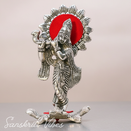Silver Plated Laddu Krishna Playing Flute Metal Statue for Home and Office Decor Religious Showpiece Gift - Retail Maharaj