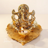 Metal Ganesha Statue with Diya – Handcrafted Aluminium Ganpati Idol for Home Decor, Puja & Auspicious Gifting (Glossy Finish, Made in India)