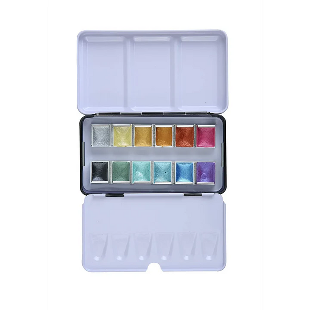 Brustro Metallic Watercolour Set of 12 Half Pans - Retail Maharaj