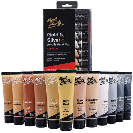 Mont Marte Gold Series Acrylic Paint Set 12 Tubes 36ml Each - Retail Maharaj