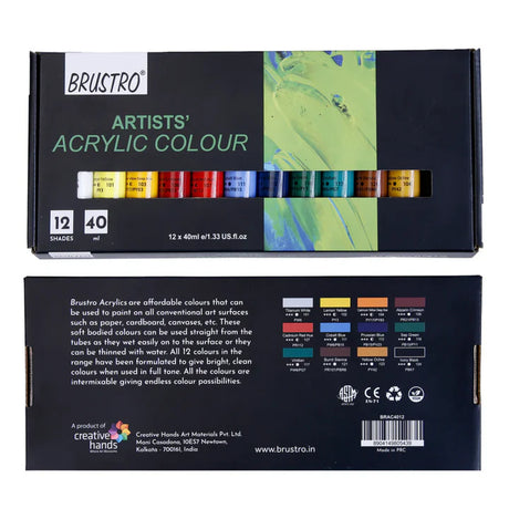 BRUSTRO Artists Acrylic Colour Paint Set of 12 Tubes 40ml Each - Retail Maharaj