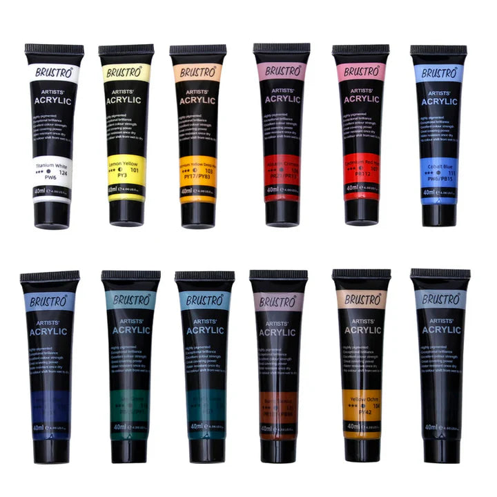 BRUSTRO Artists Acrylic Colour Paint Set of 12 Tubes 40ml Each - Retail Maharaj