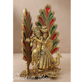 Dancing Radha Krishna with Peacock Decorative Showpiece 17 cm Aluminium Idol for Home Decor and Gifting - Retail Maharaj