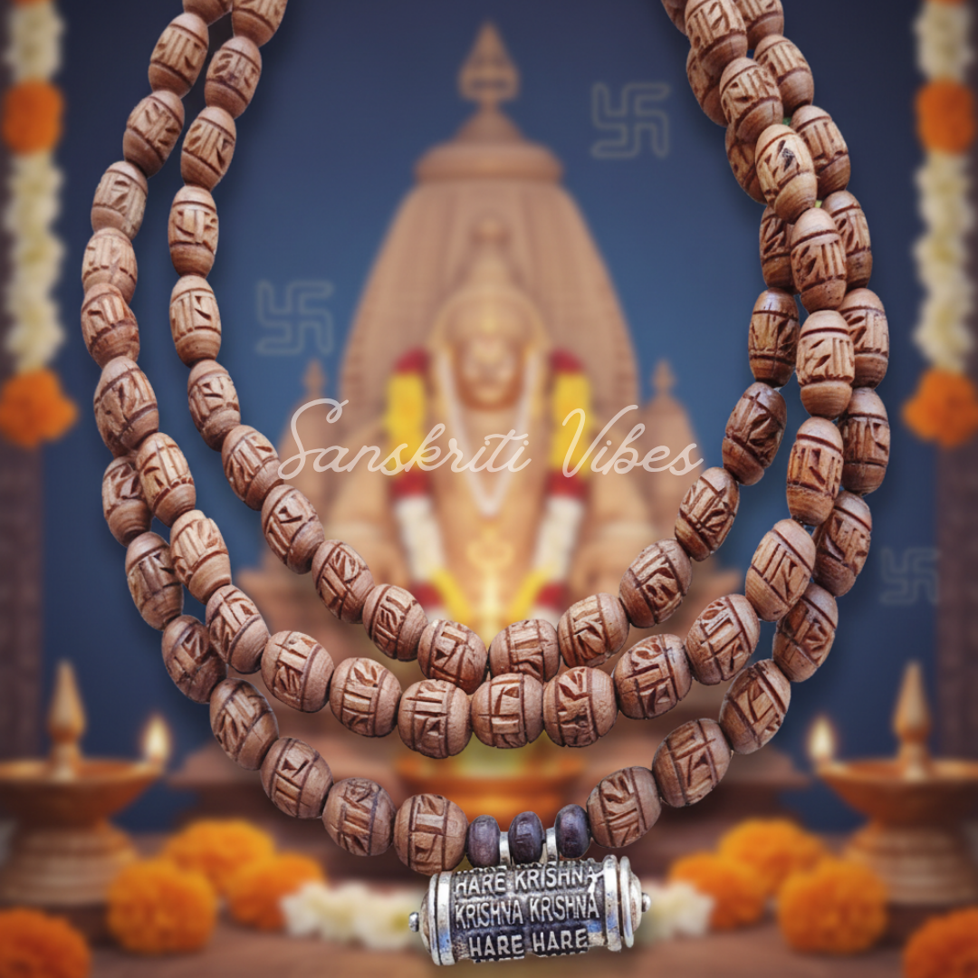 Silver Hare Krishna Maha Mantra Narshima Kavach with Radha Carved Kanthi Mala – 20 Inch 92.5% Pure Silver Tulsi Beads Spiritual Jewelry - Retail Maharaj