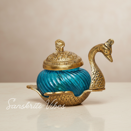 Metal Duck Shape Glass Bowl with Spoon Gold Finish Dry Fruit and Saunf Supari Tray Decorative Showpiece for Home and Office - Retail Maharaj