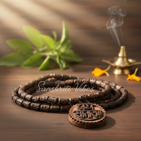 Jai Sita Ram Locket with Ram Carved Handmade Tulsi Mala | Sacred Tulsi Beads Rosary for Devotion, Meditation & Spiritual Blessings - Retail Maharaj