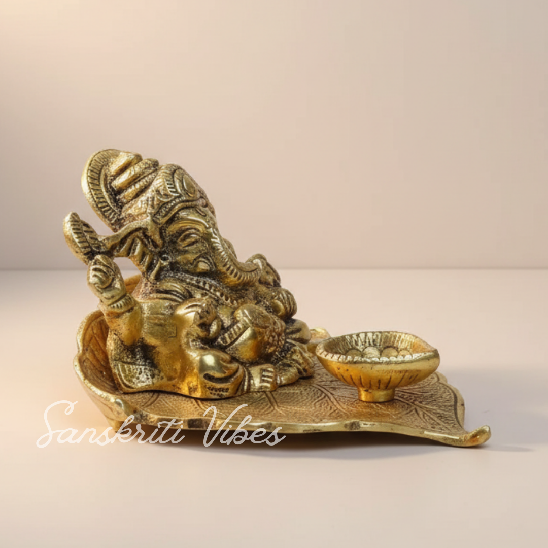 Ganesha On Leaf With Diya Metal Statue Aluminium Handcrafted Decorative Idol For Home Temple Pooja Room And Festive Gift - Retail Maharaj