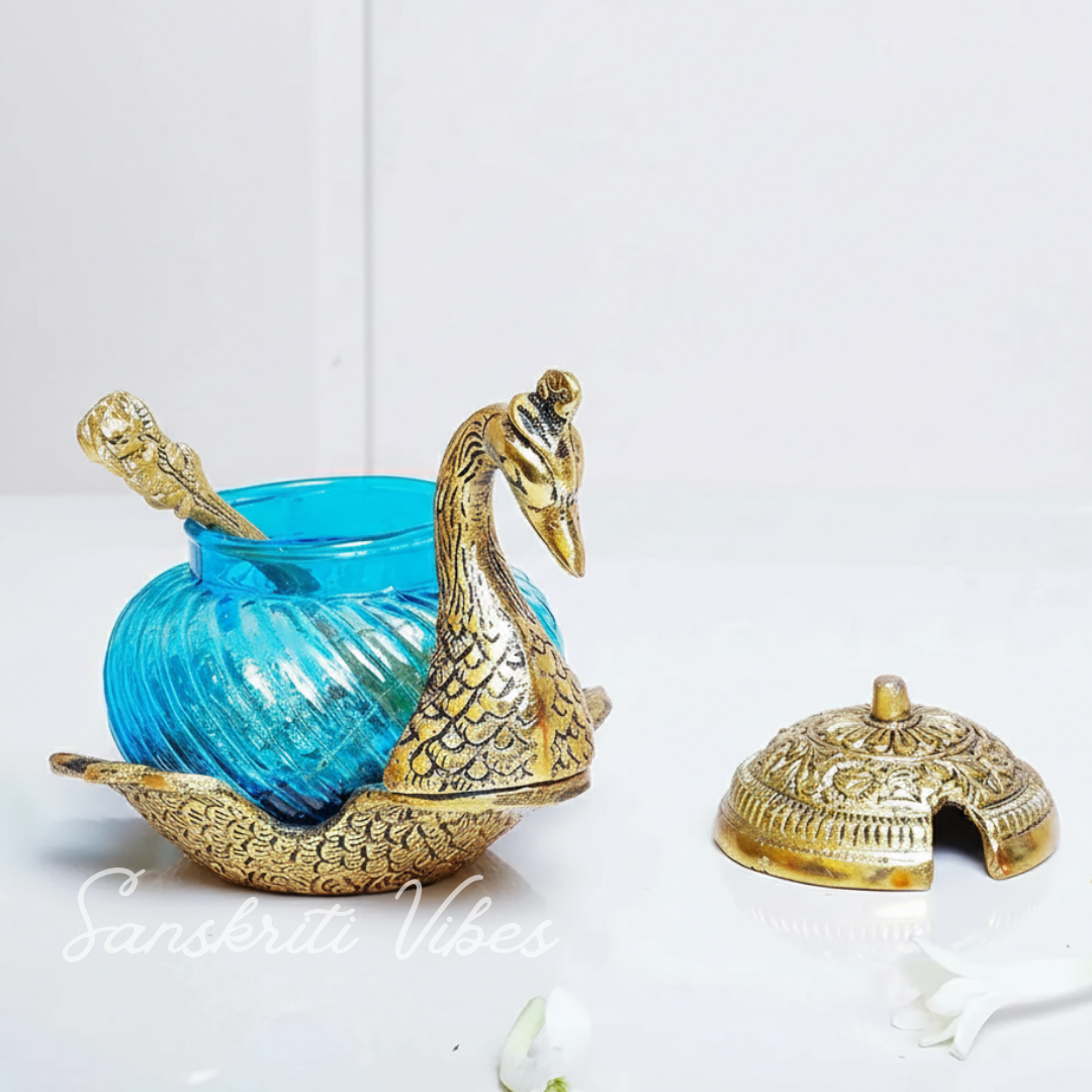 Metal Duck Shape Glass Bowl with Spoon Gold Finish Dry Fruit and Saunf Supari Tray Decorative Showpiece for Home and Office - Retail Maharaj